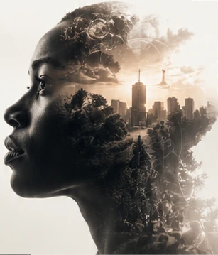 Double-exposure portrait connecting a person with a city and natural landscape